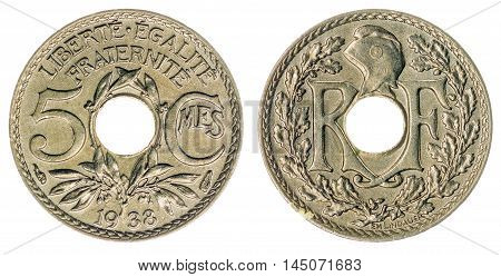5 Centimes 1938 Coin Isolated On White Background, France