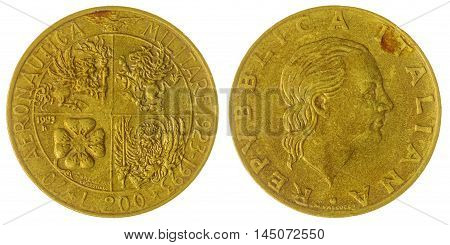 200 Lire 1993 Coin Isolated On White Background, Italy