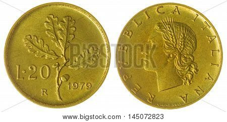 20 Lire 1979 Coin Isolated On White Background, Italy