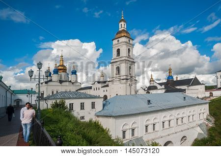 Tobolsk, Russia - July 15, 2016: Kremlin. View on Sofia vzvoz, Rentereya, belltower and St Sophia-Assumption Cathedral