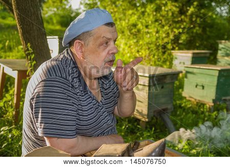 Outdoor portrait of speaking elderly man - bee-keeper