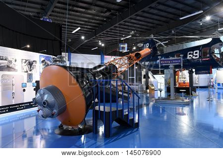 Kalamazoo, MI, USA - June 23, 2016: Space capsule on display at the Air Zoo Museum in Kalamazoo, Michigan