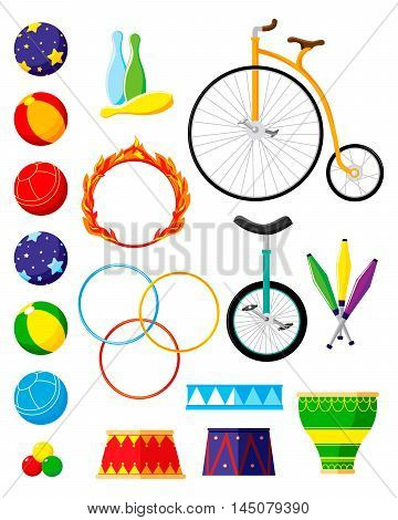 Set circus accessories: balls hoops skittles cabinets bikes clubs