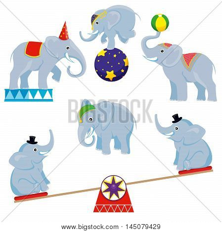 Set of circus elephant on a pedestal, with a ball, on the swings
