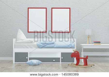 kids sleeping room interior 3d rendering image with red frames and toys