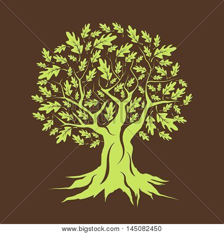 Beautiful green oak tree silhouette isolated on brown background. Web graphics modern vector sign. Premium quality illustration logo design concept.