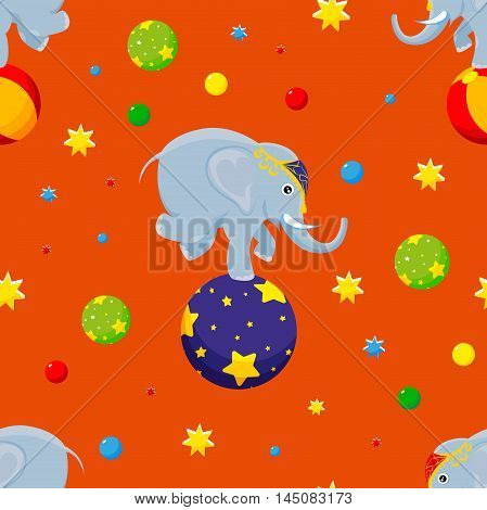 Seamless pattern Elephant on the ball surrounded by balloons and stars