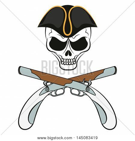 Pirate sign: a skull in a cocked hat with guns