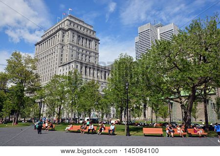 MONTREAL QUEBEC CANADA AUGUST 30 2016: Sunlife building in Montreal canada.The Sun Life Building is an historic office building at 1155 Metcalfe Street. Place ville Marie in background.