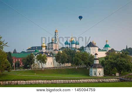 Hot Air Balloon Over The Orthodox Monastery. Sergiev Posad, Russia