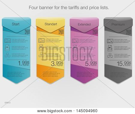 Four banner for the tariffs and price lists. Web elements. Vector design for web app. Arrow style.