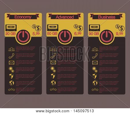 Pricing table in tariff design style for websites cloud storage. Vintage style. Vector image.