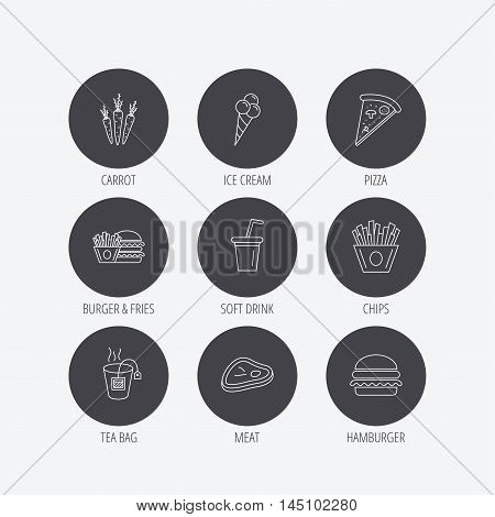 Hamburger, pizza and soft drink icons. Tea bag, meat and chips fries linear signs. Ice cream, carrot icons. Linear icons in circle buttons. Flat web symbols. Vector