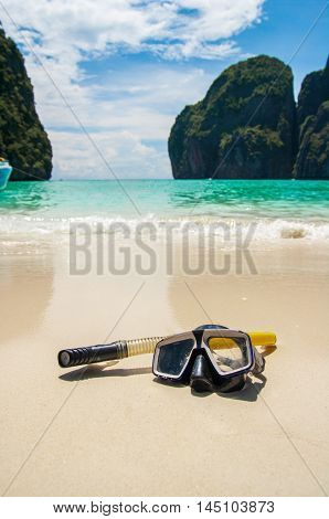 Swimming Mask On White Sand On Beach, Closeup
