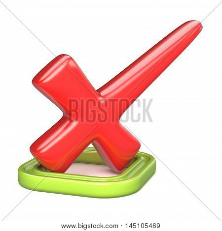 Red incorrect check mark in green square. 3D render illustration isolated on white background
