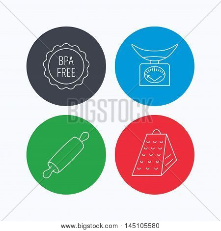 Kitchen scales, rolling pin and grater icons. BPA free linear sign. Linear icons on colored buttons. Flat web symbols. Vector