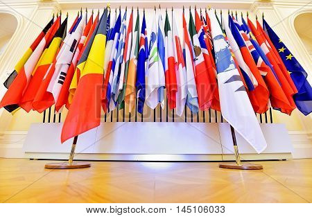 The United Nations Organization members flags on poles