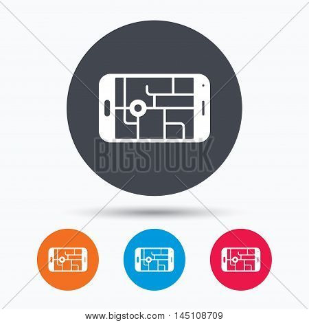 Gps street navigation icon. Smartphone device symbol. Pokemon egg concept. Colored circle buttons with flat web icon. Vector