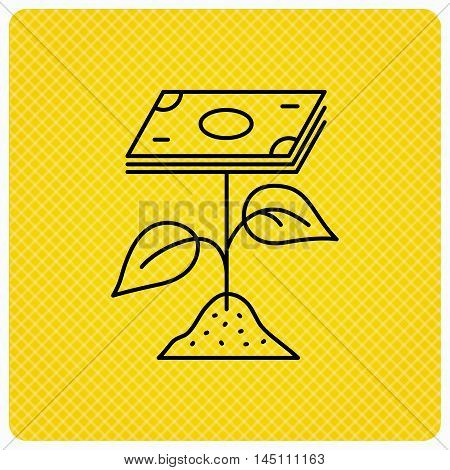 Profit icon. Money savings sign. Flower with cash money symbol. Linear icon on orange background. Vector