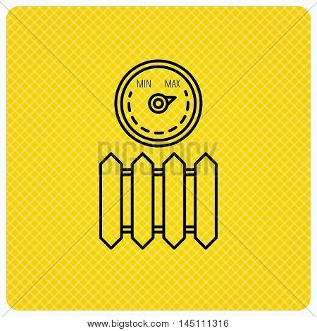 Radiator with regulator icon. Heater sign. Maximum temperature. Linear icon on orange background. Vector