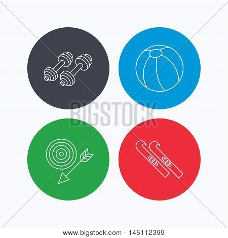 Sport fitness, swimming ball and skis icons. Target with arrow linear sign. Linear icons on colored buttons. Flat web symbols. Vector