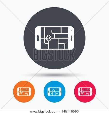 Gps street navigation with dinosaur egg icon. Pokemon egg concept. Colored circle buttons with flat web icon. Vector