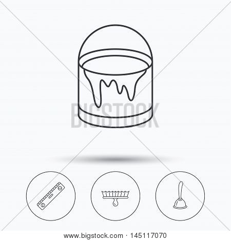 Level tool, plunger and brush tool icons. Bucket of paint linear sign. Linear icons in circle buttons. Flat web symbols. Vector