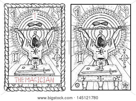 The magician. The major arcana tarot card, vintage hand drawn engraved illustration with mystic symbols. Man wearing mantle and holding magic wand. Sword, cup and coin on the table.