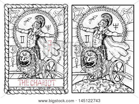 The chariot. The major arcana tarot card, vintage hand drawn engraved illustration with mystic symbols. Warrior or conqueror wearing costume of roman soldier celebrating the victory