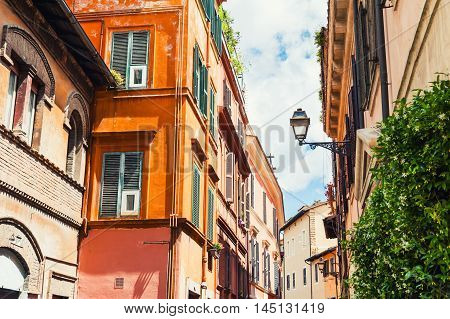 Beautiful street in Trastevere district in Rome Italy.