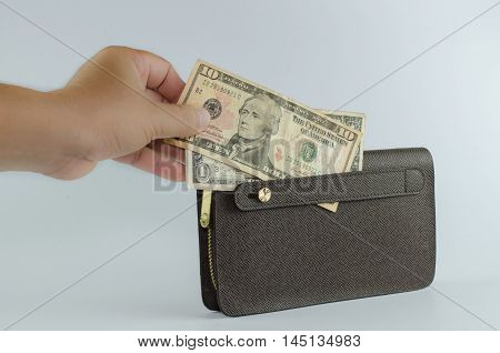 Handle brown man purse dollar isolated on white background