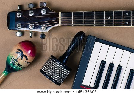 Acoustic guitar Percussion Accessories music studio  closeup