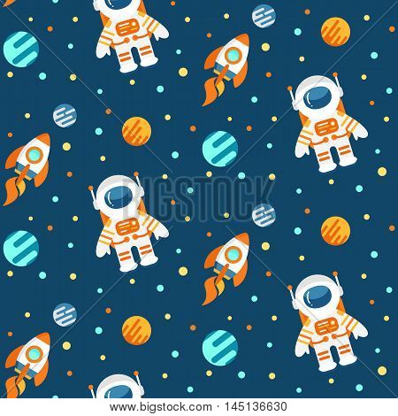 Seamless cute space pattern with astronauts, planets and rockets, childish background