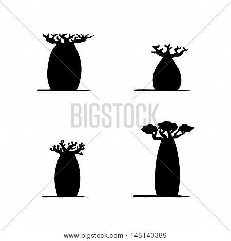 vector set of four hand drawing black baobabs on white background. Vector silhouette of baobabs