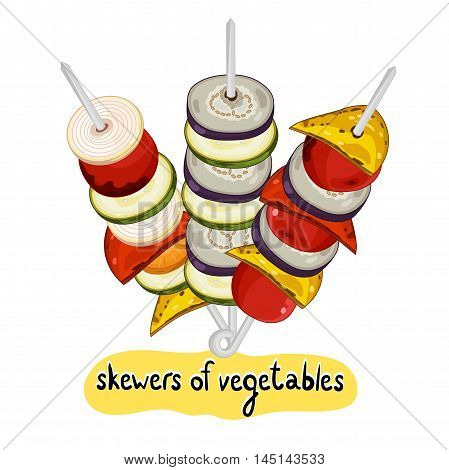 Grilled vegetables kebab on isolated on white background vector illustration. Roasted veggie food. Assorted vegetables barbecue. Grilled vegetable icon. BBQ vegetable. Barbecue food concet.