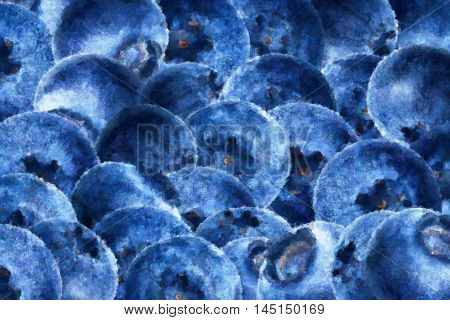 Many juicy and fresh blueberries background. Blue color blueberries close-up. Image of blueberries with high resolution. Watercolor aquarelle drawing sketch painting blueberry