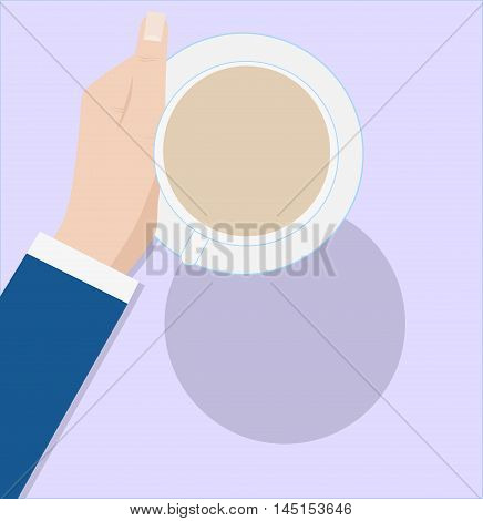 Coffee cup in female hand on purple background
