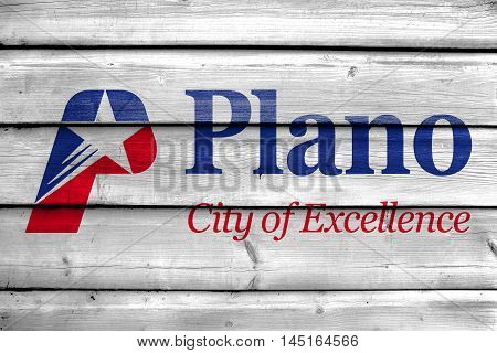 Flag Of Plano, Texas, Usa, Painted On Old Wood Plank Background