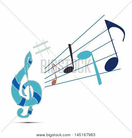 Vector illustration logo for musical signs.Isolated in the drawing,consists of a treble clef,note,sharp,flat,music for musicians,white background.The icon for philharmonic,ensemble,concert,performance