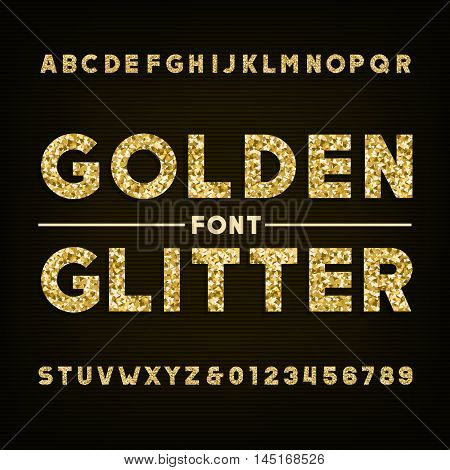 Golden glitter alphabet font. Bold letters and numbers. Stock vector typography for your design.
