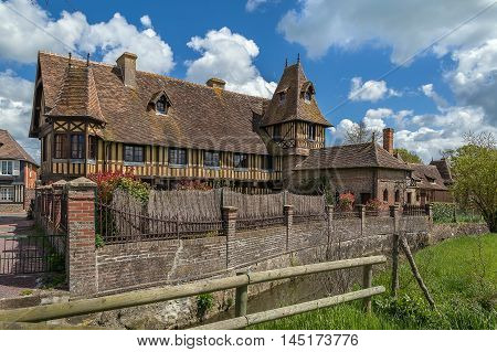 view of historical half-timbered house in Beuvron-en-Auge France