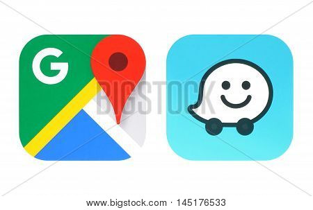 Kiev Ukraine - June 25 2016: Collection of popular navigation icons printed on paper: Google Maps and Waze