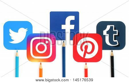 Kiev Ukraine - June 25 2016: Concept of popular social media icons printed on paper with color pencils: Facebook Pinterest Tumblr Instagram Twitter