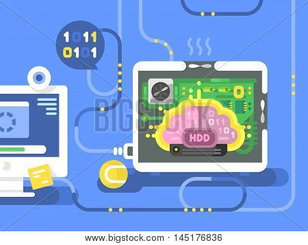 Brain harddisk flat. Technology electronic hardware, computer memory, vector illustration