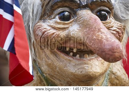 Norway. Troll head with norwegian flag. Scandinavian symbol. Horizontal