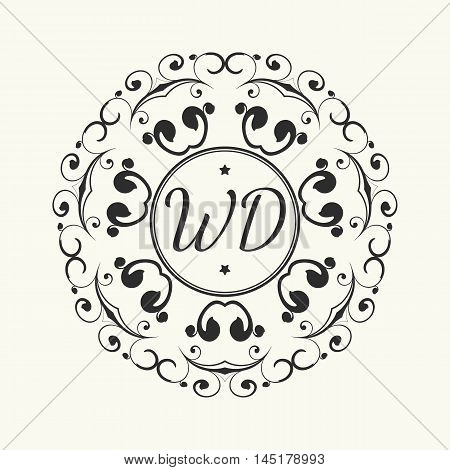 Vector wedding badge. Floral frame with letters.