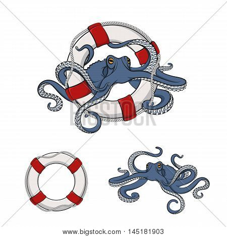 Set of color images of octopus in the lifeline. Isolated vector objects on white.