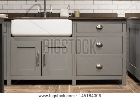 Grey Gray Luxury Bespoke Kitchen Sink with Porcelain Sink