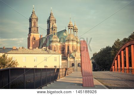 Poznan, Poland - June 29, 2016: Vintage Photo, Old Bridge And Cathedral Church In Town Poznan