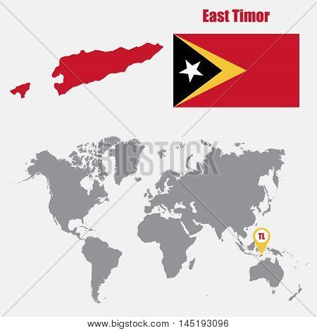 East Timor map on a world map with flag and map pointer. Vector illustration